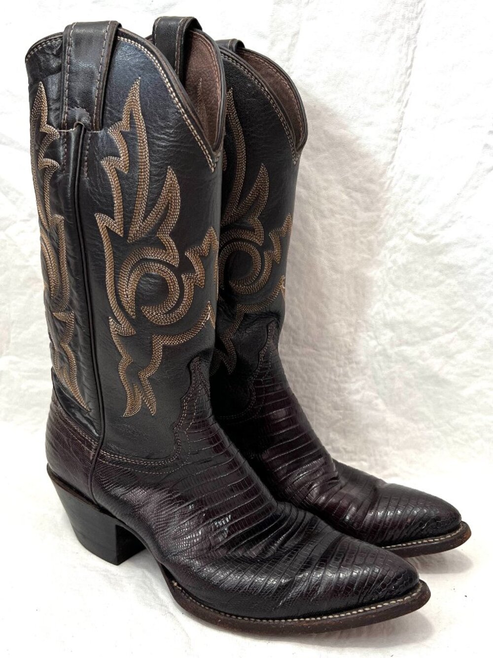 Vintage Justin boots western womens 7 dark brown teju lizard leather pointed toe